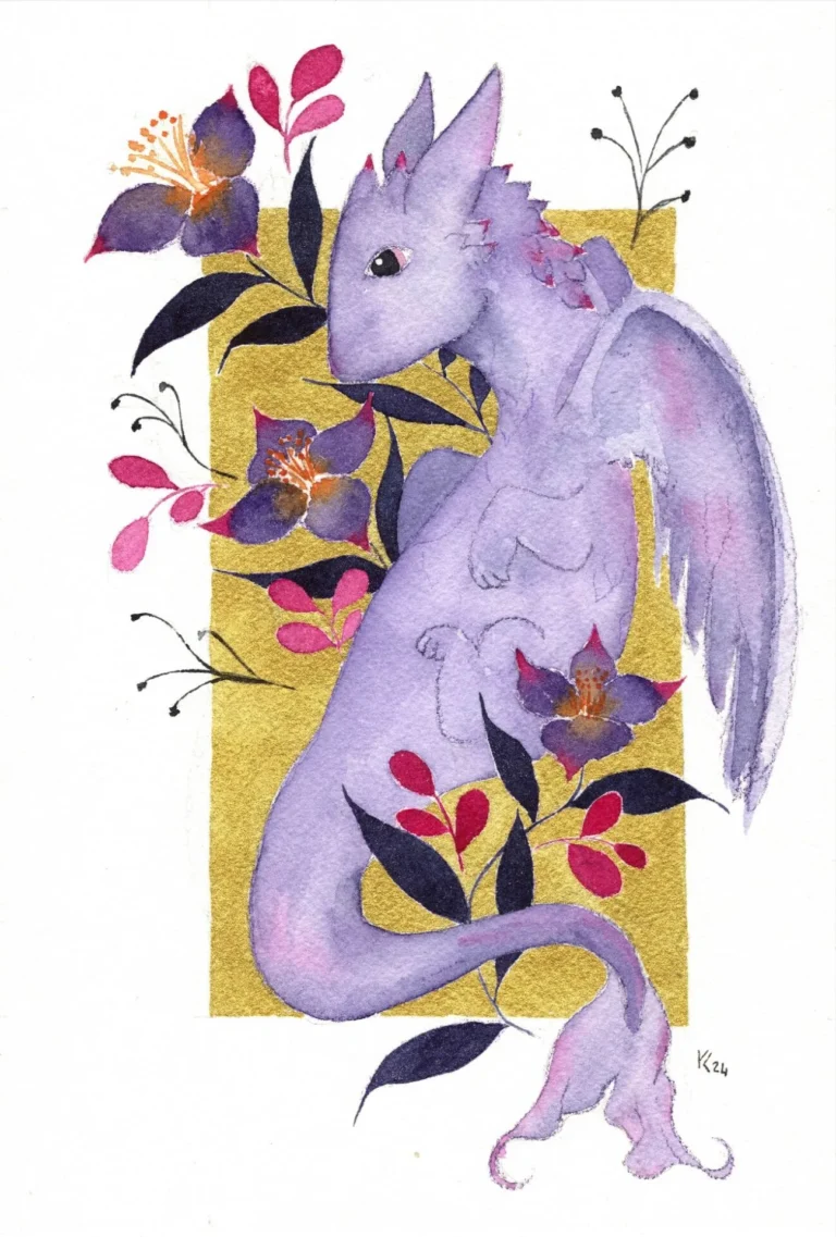 Gardien des Crépuscules Améthyste – Dragon aquarelle