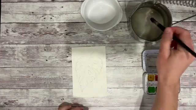 Présentation du pinceau à lavis et des couleurs (vert de vessie, bleu outremer) utilisées pour le tutoriel