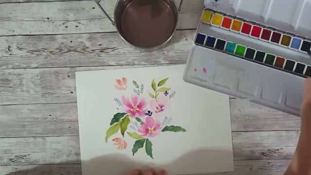 Résultat final de la démonstration florale peinte à l'aquarelle, montrant les mélanges de couleurs et la qualité extra fine des pigments en situation réelle