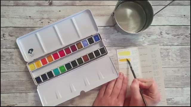 Démonstration en direct du test des pigments sur papier, montrant la diffusion de l'aquarelle et les premières couleurs swatchées au pinceau
