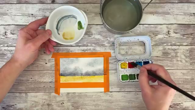 Ajout du vert de vessie atténué avec du rouge vermillon sur la partie inférieure du paysage, fusions de couleurs visibles pour évoquer la végétation