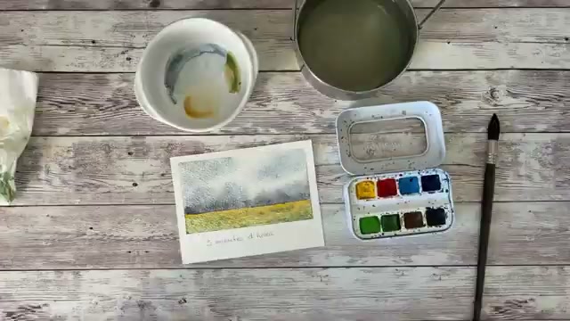 Vue d'ensemble du paysage hivernal terminé, composition simple avec ciel orageux et sol texturé séparés par une ligne d'horizon