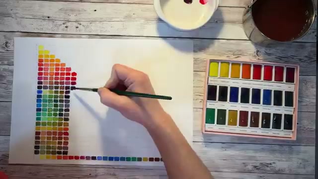 Présentation du nuancier en damier montrant les mélanges de couleurs, démonstration des possibilités de désaturation et des verts profonds obtenus