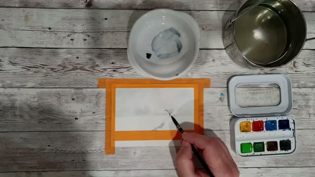 Tracé du chemin enneigé partant du tronc vers le premier plan avec le pinceau à lavis, démonstration de l'effet de perspective avec le trait qui s'élargit