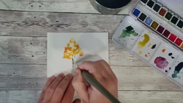 Résultat de petits arbres d'automne peints avec le Perla 14, montrant les trous dans le feuillage créés grâce à la nervosité du pinceau