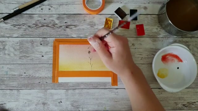 Démonstration au pinceau de précision : tracé d'une longue tige noire puis ajout de petites feuilles en silhouette sur le fond dégradé