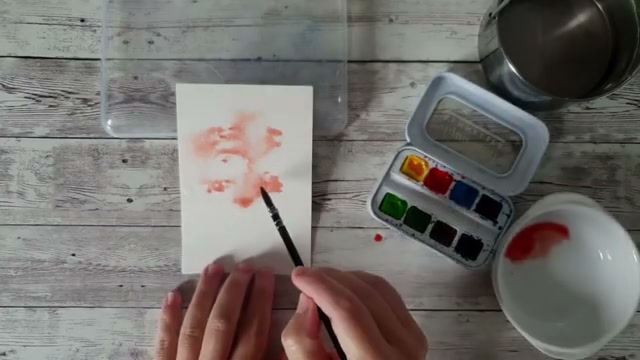 Rehaussement du feuillage avec une peinture plus pigmentée, mélange de rouge et jaune créant des couleurs automnales flamboyantes en fusion sur le papier mouillé